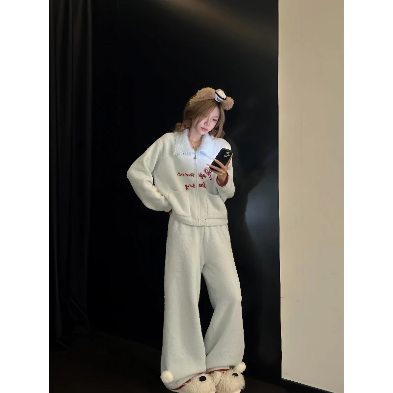 韩版甜美温柔半边绒开衫外套睡衣女秋冬保暖加厚针织家居服套装