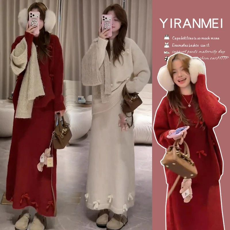 孕妇套装2025冬季新款韩版时尚气质减龄圣诞红色蝴蝶结套装女