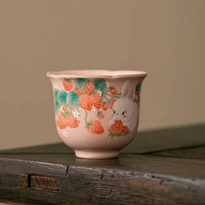 粉色汝窑草莓兔主人杯汝瓷个人陶瓷功夫茶具女生小茶杯客杯品茗杯