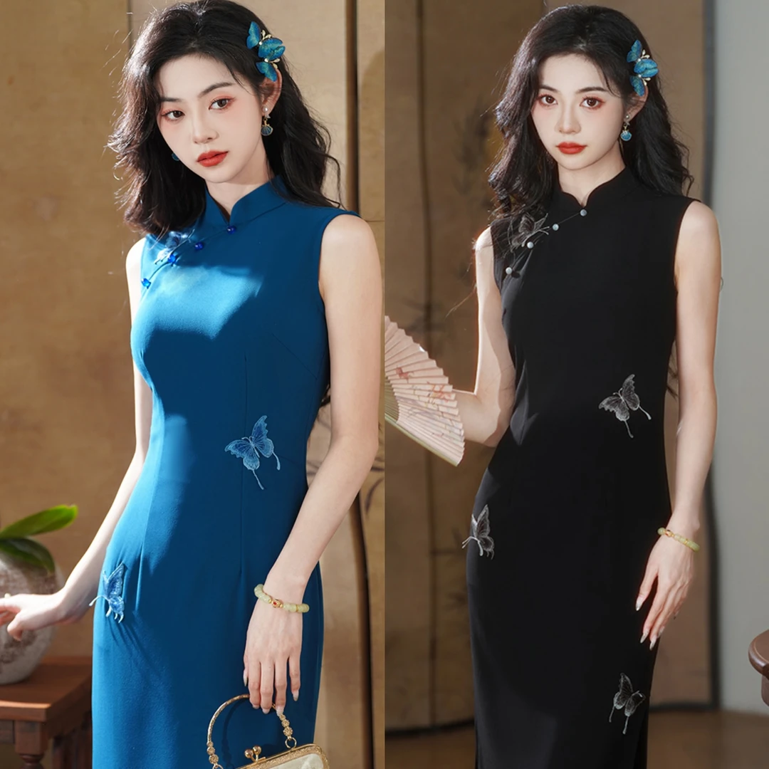 【华夫人】25夏季新款 珍珠麻气质中国风改良 蓝黑双色无袖旗袍