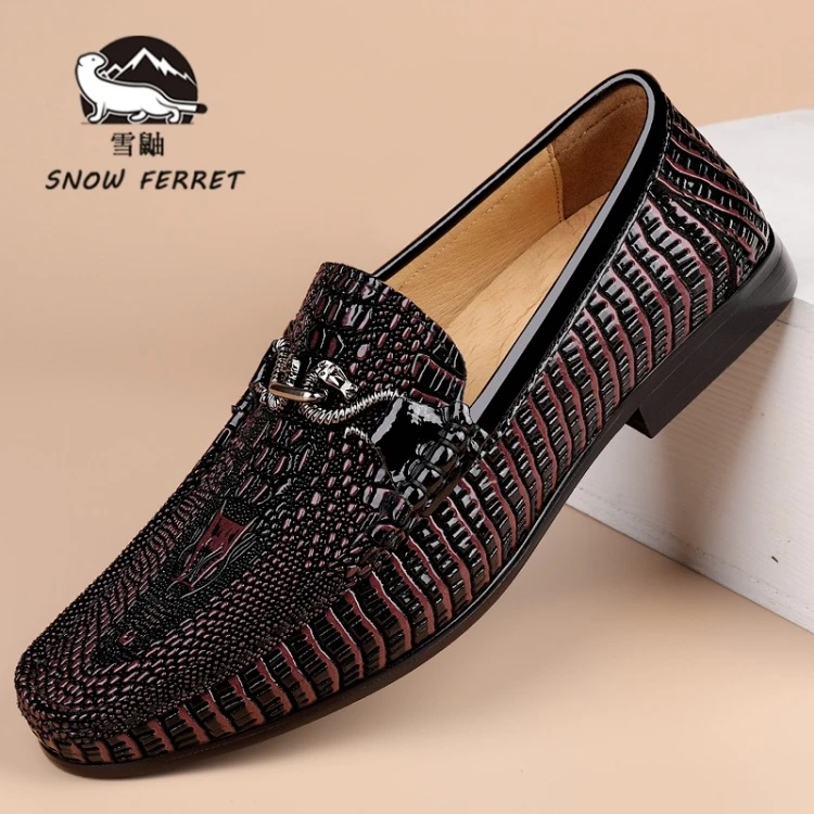 加拿大SNOWFERRET正品豆豆鞋男款真皮透气高级感男鞋压花商务皮鞋