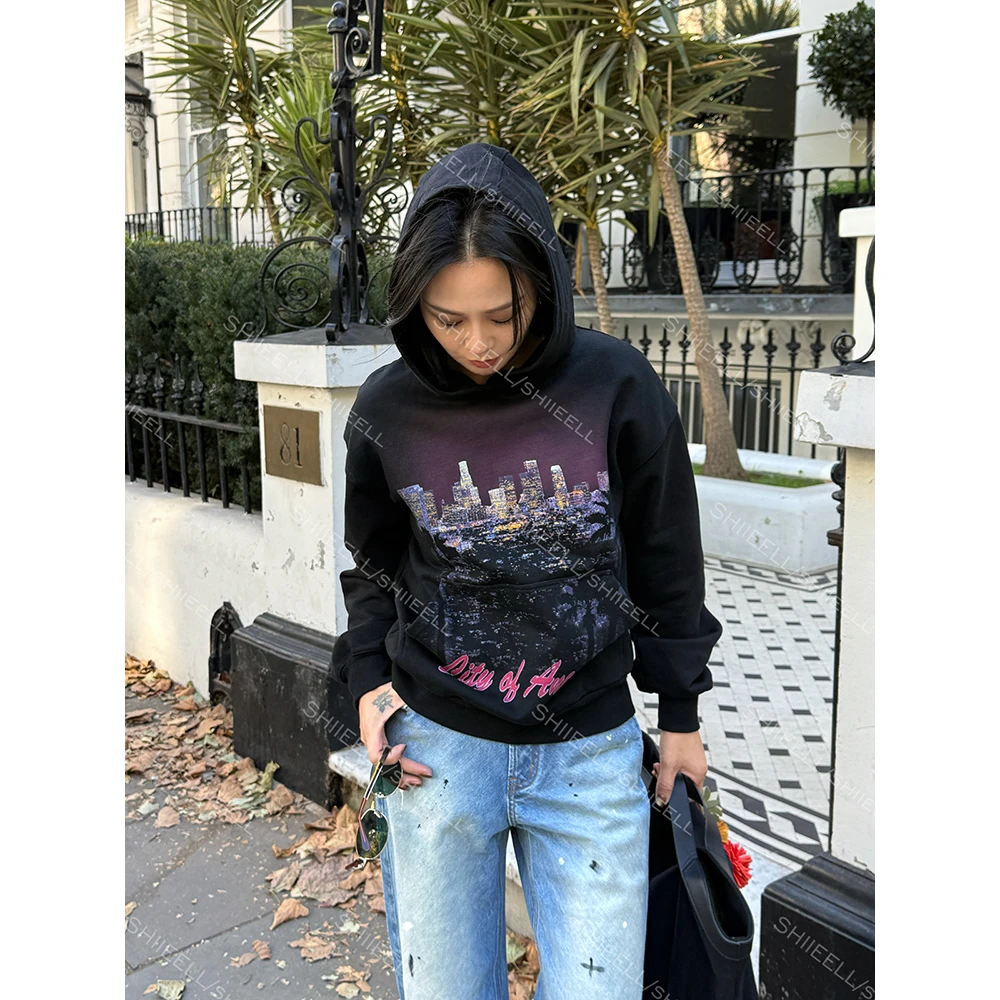 SHIIEELL【洛杉矶的夜】重磅高支棉撞色彩印廓形连帽卫衣Z1131