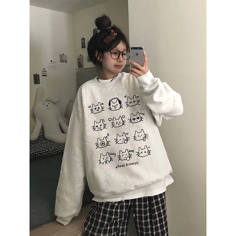 美式复古小众设计感印花卫衣女秋冬加绒加厚圆领宽松百搭上衣潮