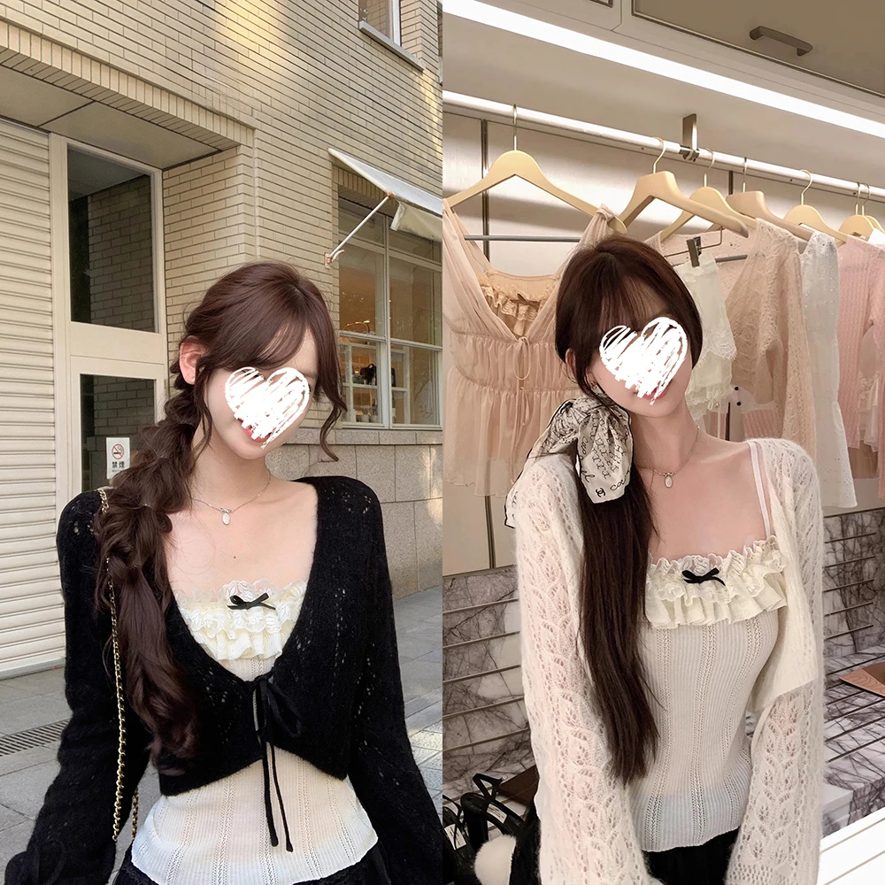 氛围美神镂空短款针织开衫毛衣外套+吊带背心早秋套装女 60888