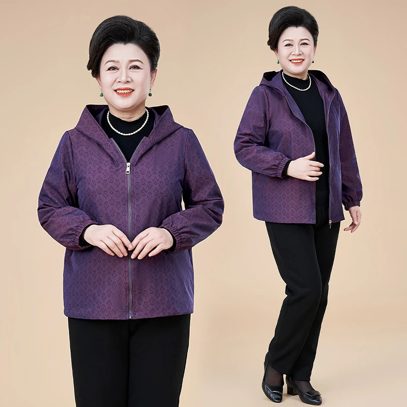 春秋新款时尚外套中老年女装妈妈装连帽印花夹克大码高档洋气上衣