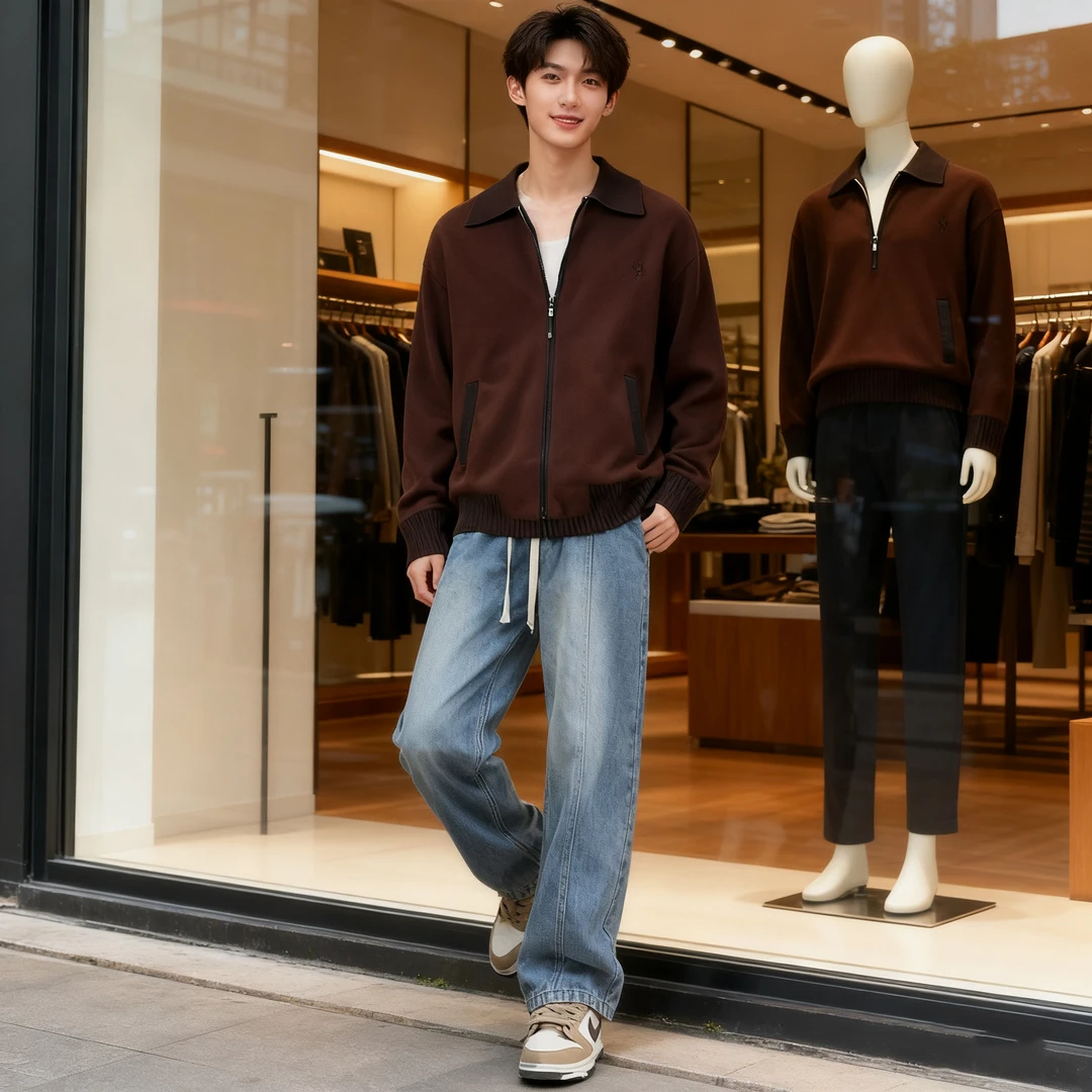 2025秋冬款欧美简约针织拉链翻领羊毛时尚男款休闲外套男款 12号