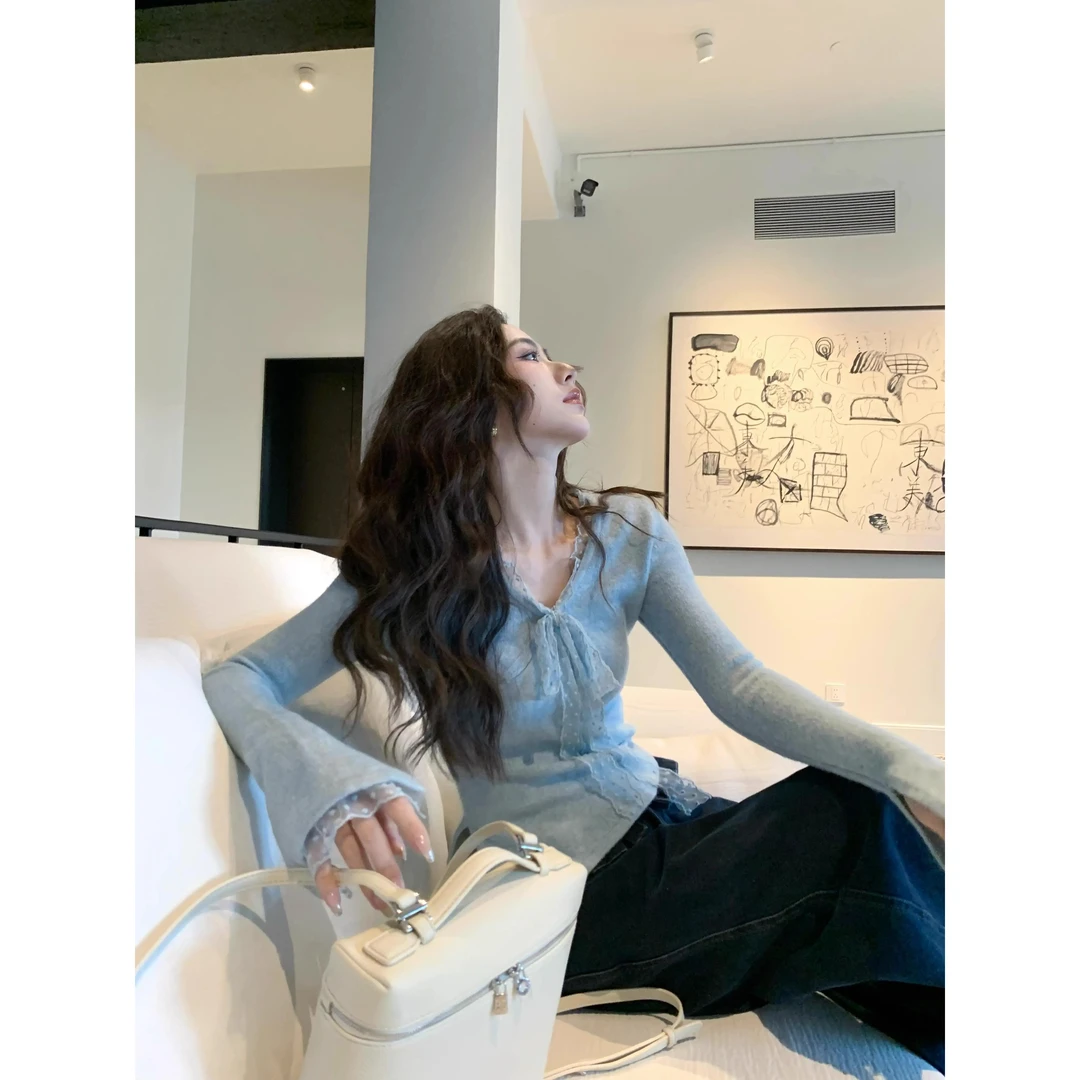 蝴蝶结蕾丝针织长袖t恤打底衫女早春季短款v领不规则内搭短款上衣