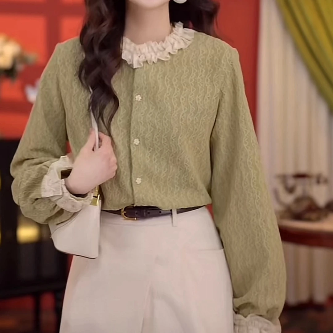 甜绿松茶 2025春港风复古纯色衬衫女宽松显瘦上衣 5882