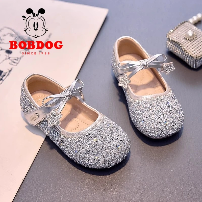 巴布豆童鞋女童公主鞋2025春季新款儿童水钻水晶小皮鞋软底单鞋子
