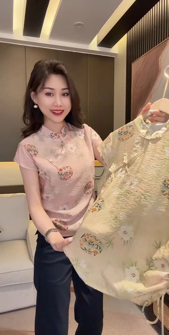 衬衫套头夏季成人新中式时尚气质长款中国风立领短袖修身显瘦新款