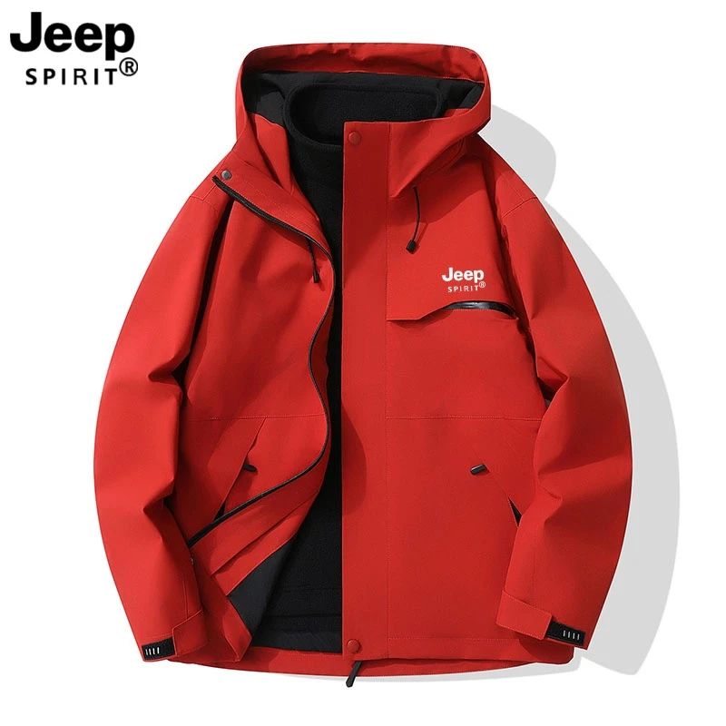 JEEPSPIRIT吉普户外登山防风加绒情侣夹克秋冬三合一可拆卸两件套