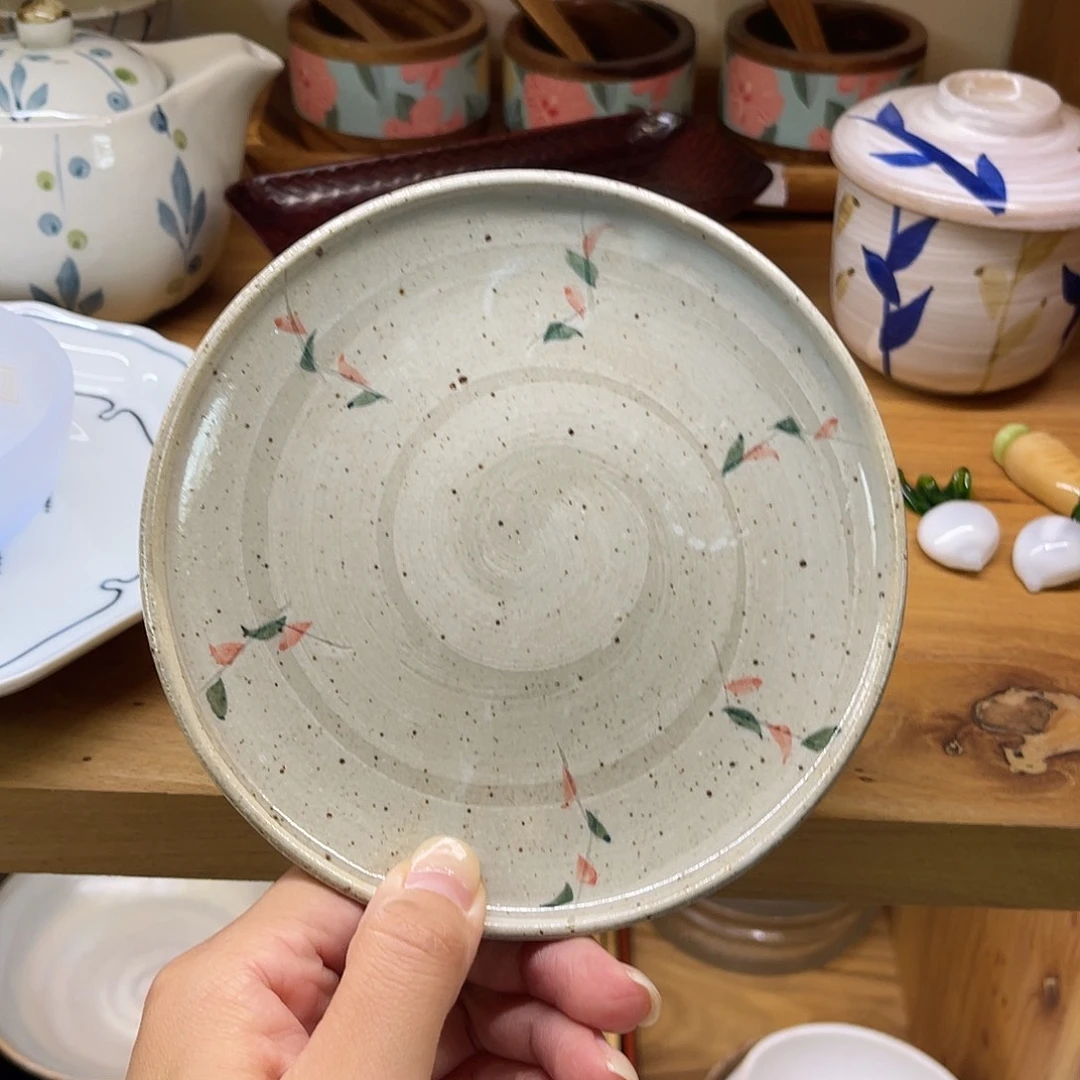 小***西瓷片粗陶手绘小枝叶盘