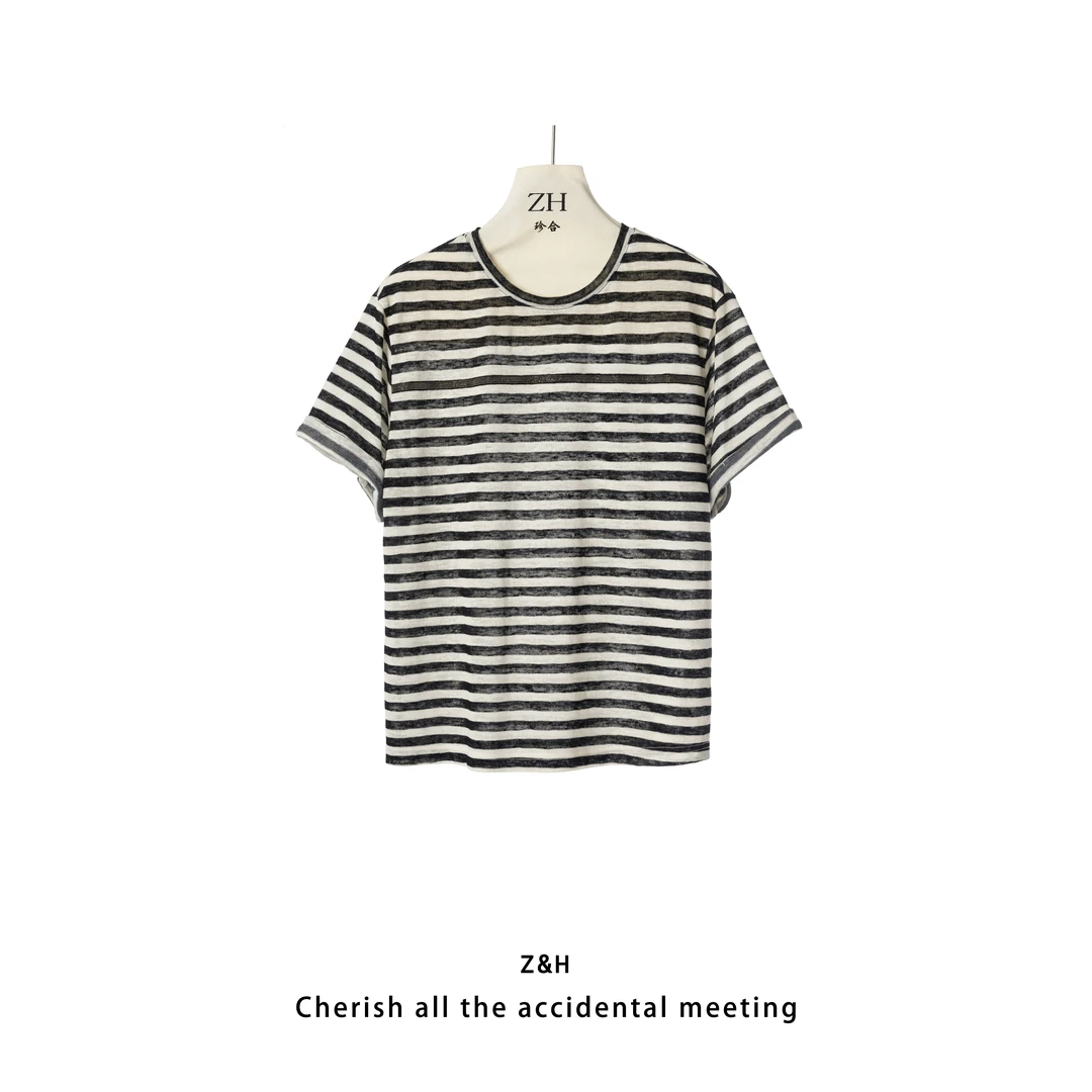 ZH【山野故事】夏季百搭休闲简约条纹短袖针织衫