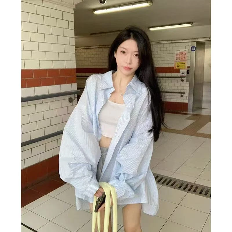 韩系穿搭独特别致衬衫蓝白条纹衬衣春夏新款2025年宽松防晒薄外套