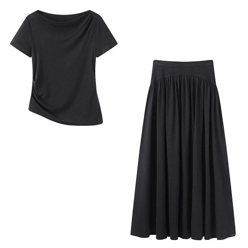 【艾家】商场同款2025新款时尚百搭一字领短袖t恤半身裙套装女9290