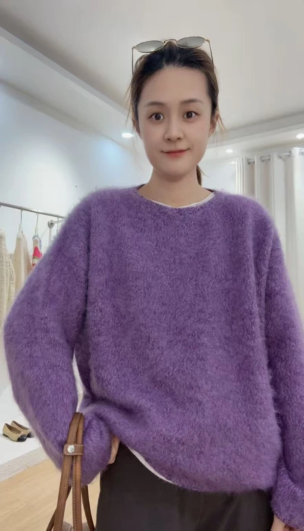 Tian Weave绝绝紫显白羊绒羊毛无缝一体拉绒套头