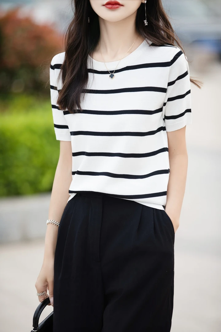 25年新款夏季法式条纹短袖百搭上衣冰丝圆领