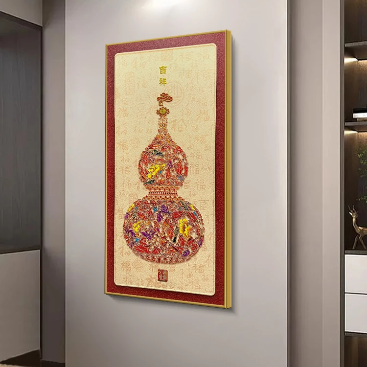 吉祥葫芦高端立体餐厅画烫金画皮革微雕手工立体玄关挂画80160
