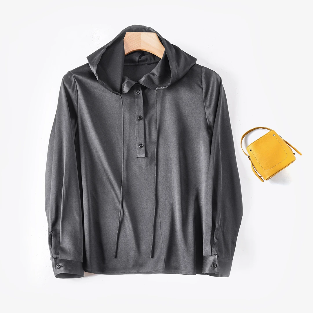 琸娅92桑蚕丝真丝螺纹缎休闲高端女装卫衣时尚百搭长袖连帽卫衣