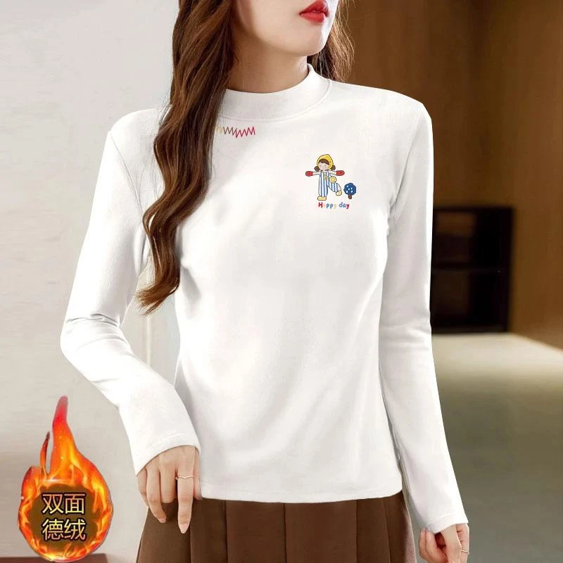 春秋冬季新款德绒长袖t恤女时尚百搭白色上衣半高领保暖内搭打底