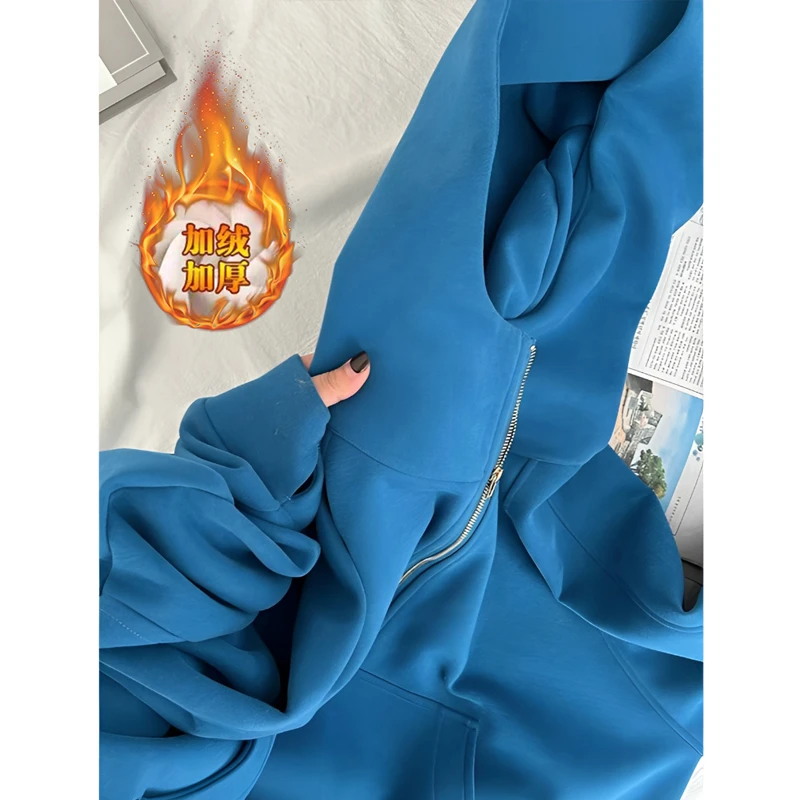 韩版蓝色短款卫衣女2025秋冬新款今年流行加绒加厚半拉链洋气上衣