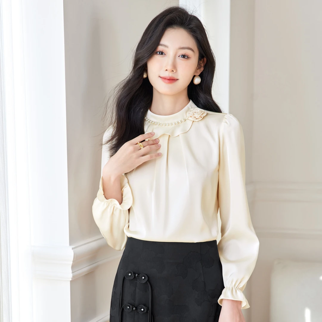 0597新款韩国气质显瘦纯色立领花朵珍珠链装饰长袖衬衫