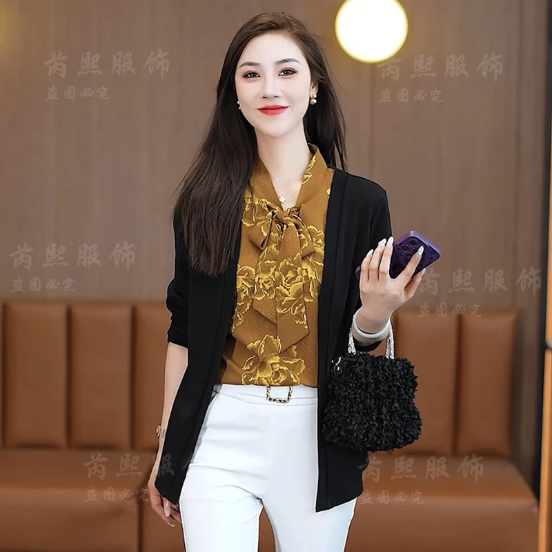 2025春秋季新款洋气减龄百搭小衫气质拼接假两件系带款上衣女
