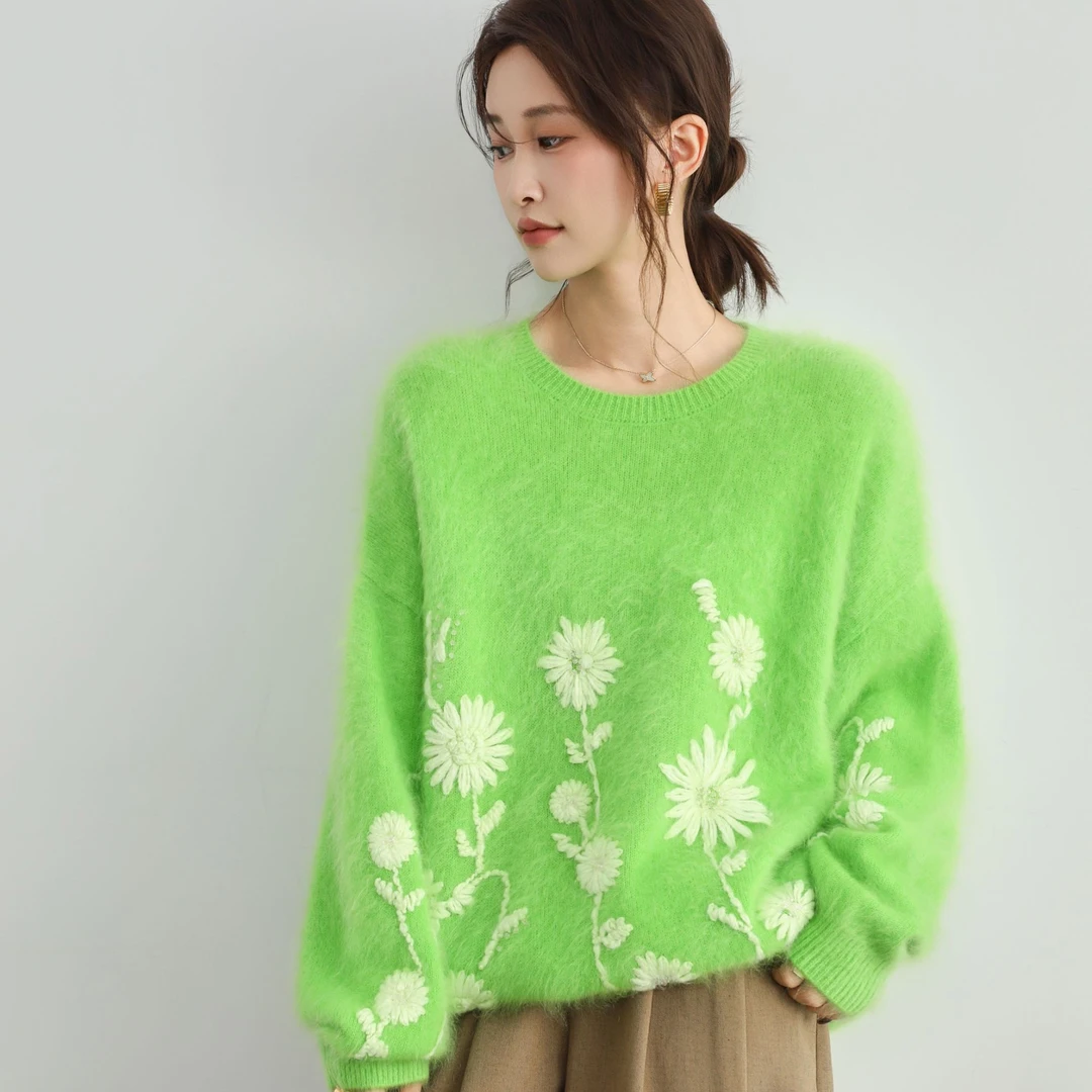 梵高的{向日葵}山羊绒拉绒慵懒风圆领女装针织衫包袖百搭上衣花朵