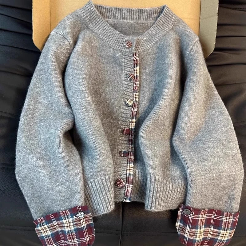 【格子】假两件圆领拼接格子毛衣女2024秋冬新款针织外套宽松开衫