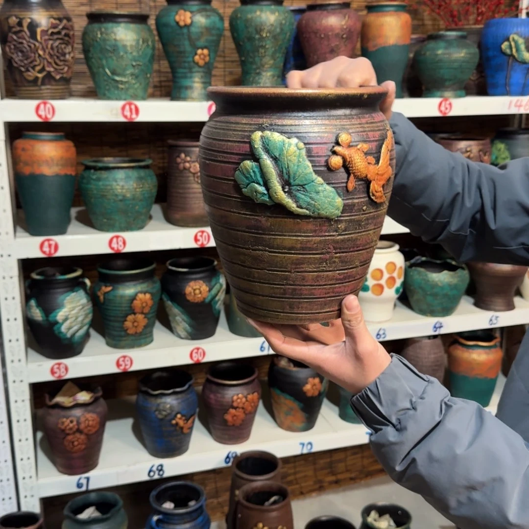 红陶红陶浮雕花盆炸炸炸