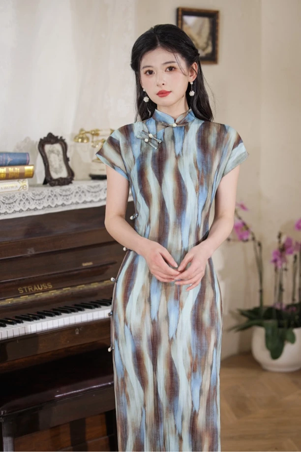 212 年轻款复古蓝咖条|素欣|旗袍