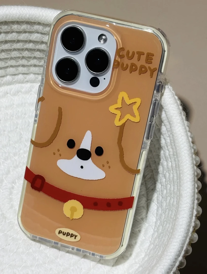 韩系涂鸦可爱小狗双色边圆边手机壳适用iPhone16防摔15PM苹果1514