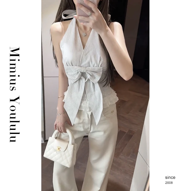 【mimius】喵喵 春夏纯欲V领蝴蝶结蕾丝拼接条纹上衣 G03459