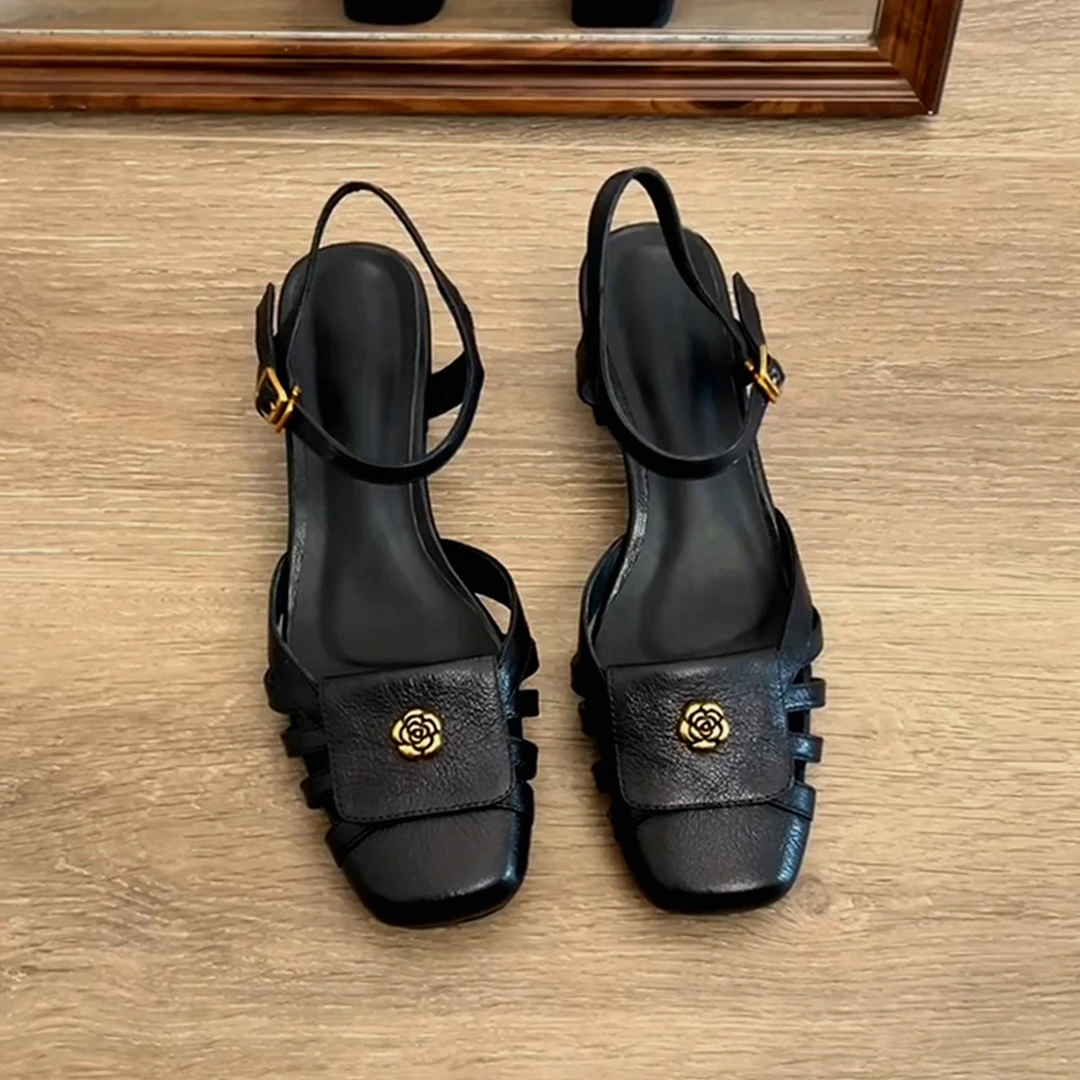 羊皮版~复古一字带方头山茶花凉鞋女编织镂空真皮舒适包头罗马鞋