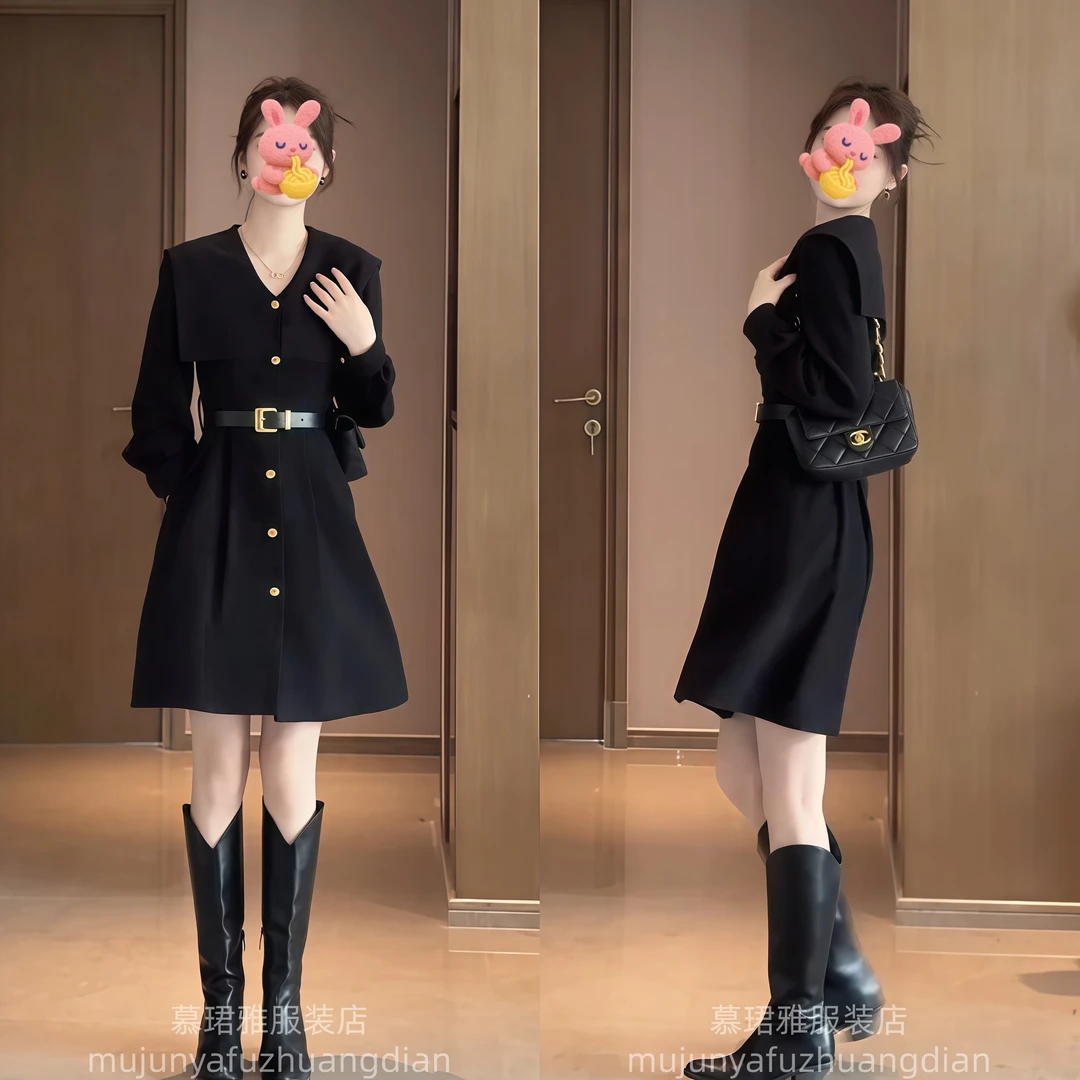 2025秋季女新款高级感收腰显瘦气质连衣裙长袖小黑裙