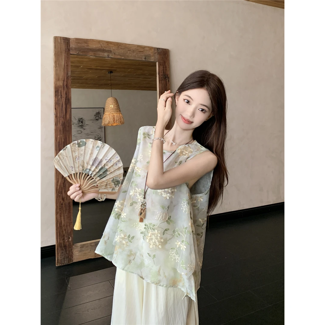 新中式禅意风圆领刺绣碎花背心上衣+高腰阔腿裤古风复古两件套夏