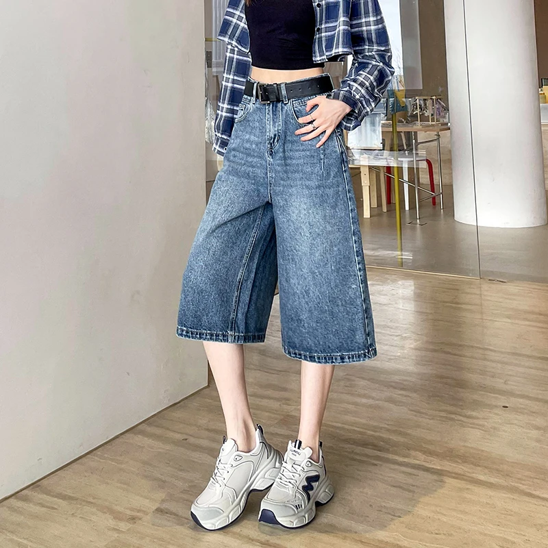 窄版牛仔阔腿裤七分裤2025春夏季新款高腰百搭显瘦宽松休闲直筒裤