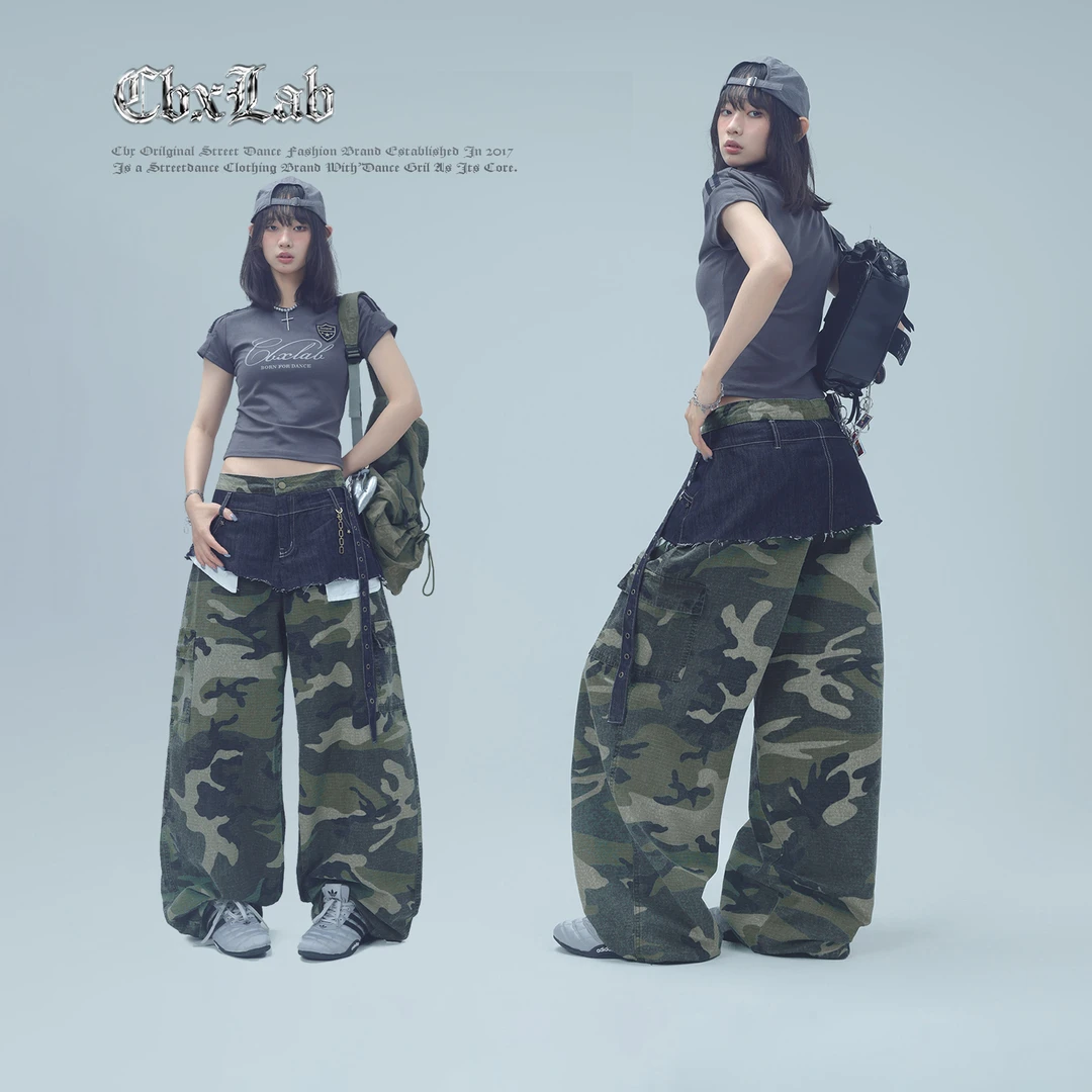CBXLAB街舞潮牌爱心迷彩牛仔拼接腰头个性嘻哈遮胯显瘦长裤潮
