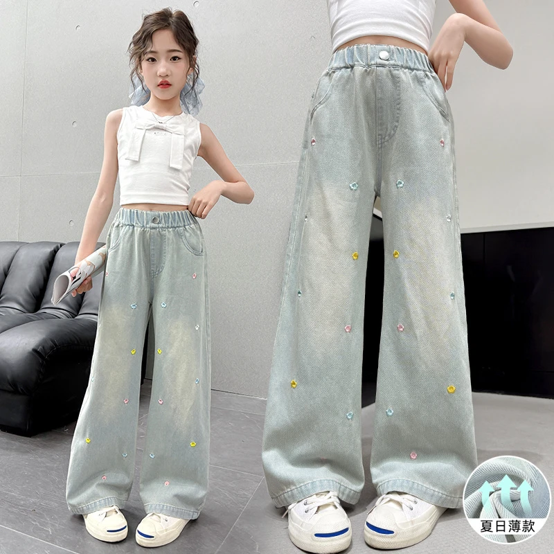 女童牛仔裤夏装新款夏天薄款防蚊裤中大童直筒阔腿裤洋气儿童裤子