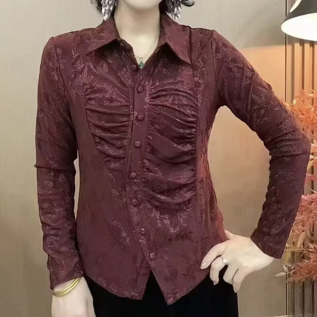 秋季新款女士翻领长袖修身显瘦百搭小衫上衣