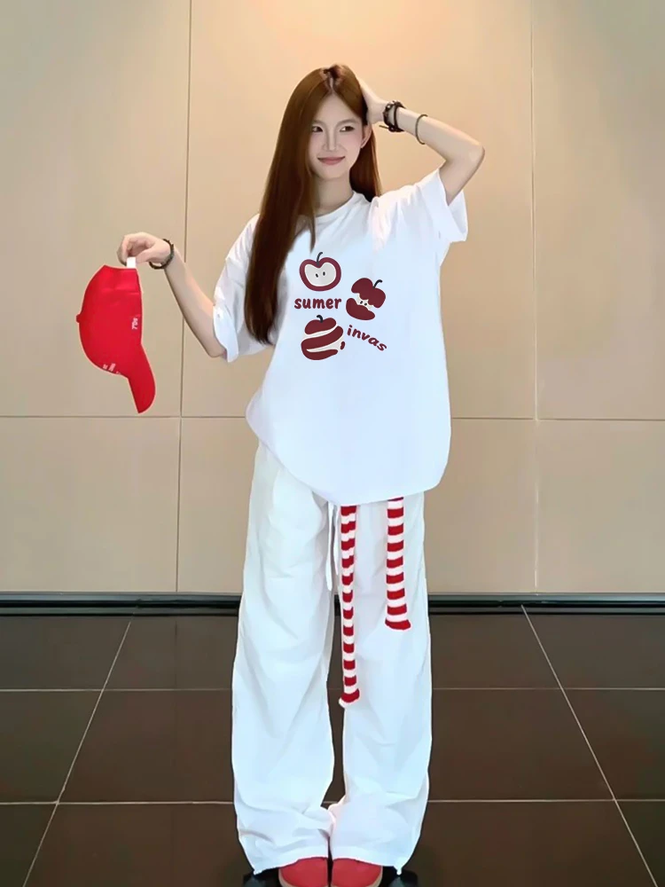 夏季短袖T恤女 2025新款爆款苹果趣味印花宽松美式高街半袖上衣女