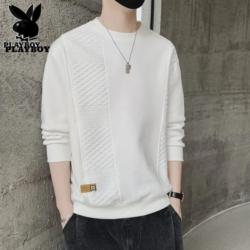 花花公子春季卫衣男士潮流提花大码圆领宽松休闲长袖t恤