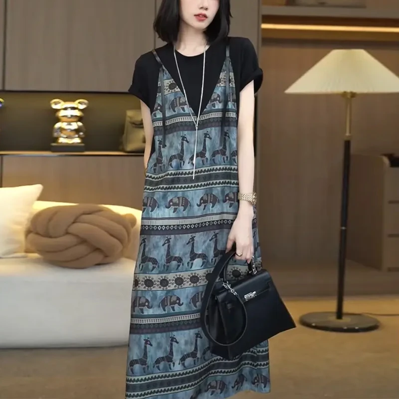 高贵印花v领吊带假两件连衣裙气质爆款大码显瘦中长款休闲裙子