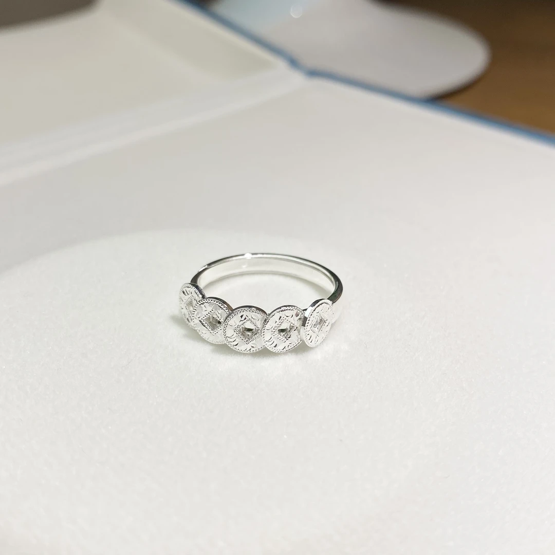 足银戒指 五帝钱碎碎冰戒指 足银999.9百搭可调节开口戒指时尚