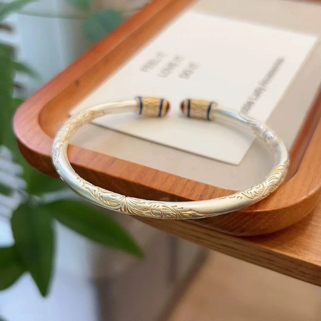 足银手镯 999.9纯银A83唐草纹手镯女珐琅描金足银镯子中式