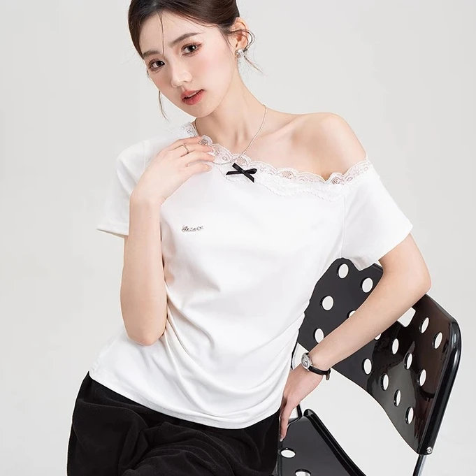 100纯棉蕾丝拼接露肩短袖T恤夏季女短款小众全棉辣妹修身显瘦上衣