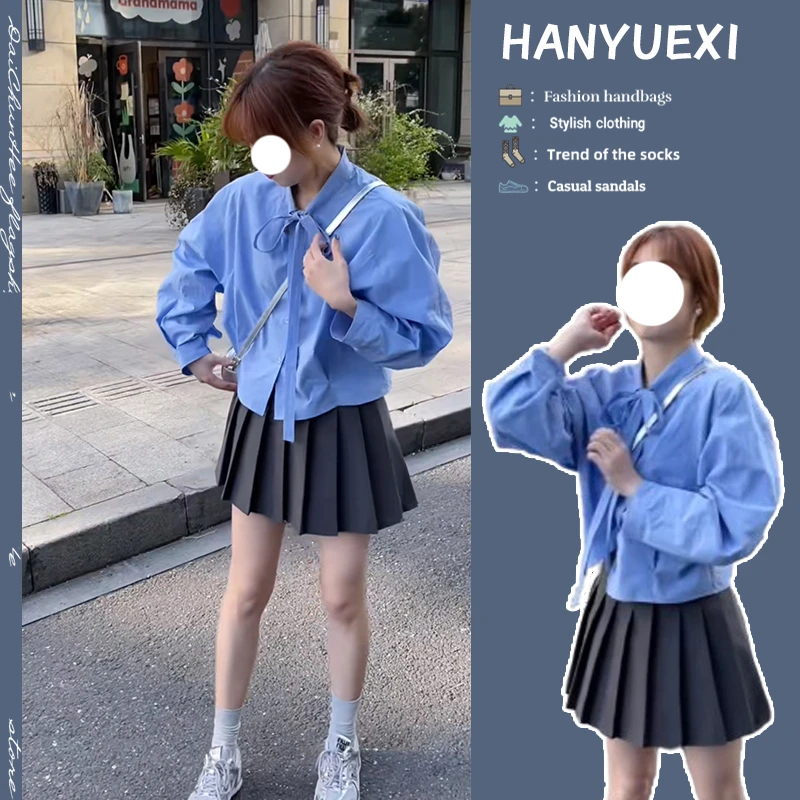 今年流行穿搭一整套2025新款绑带长袖减龄衬衫时尚百褶裙两件套潮