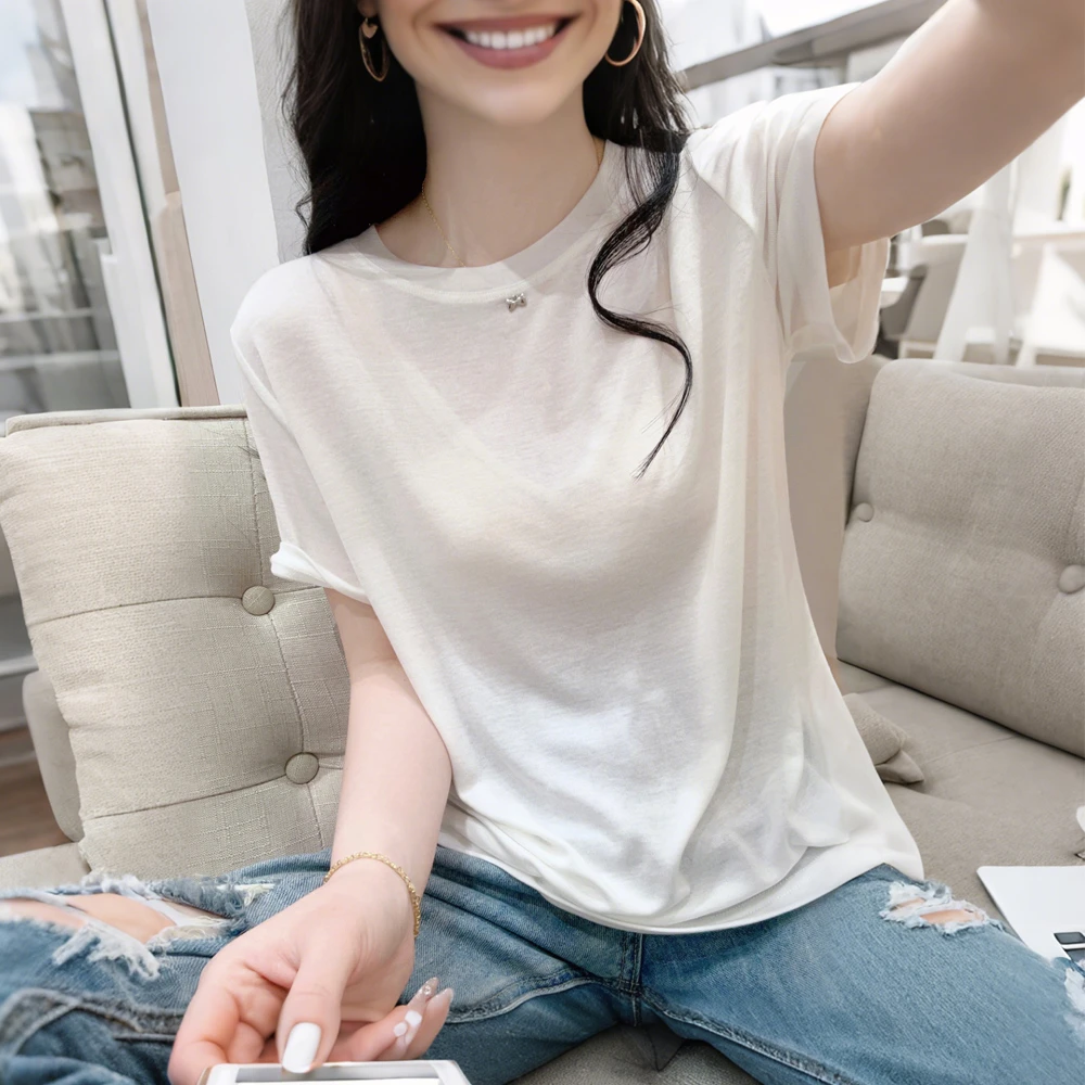 白色圆领修身正肩短袖面膜T恤女夏季款显瘦莱赛尔天丝蝴蝶结上衣