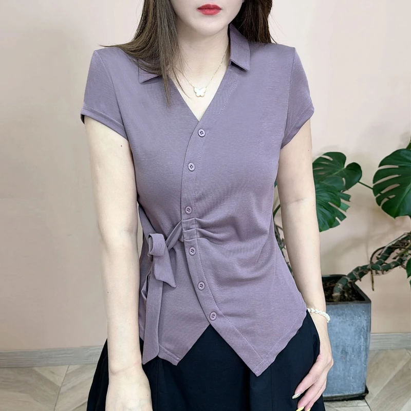 2025夏季新品时尚百搭修身显瘦个性纯色设计感女士短袖上衣8017