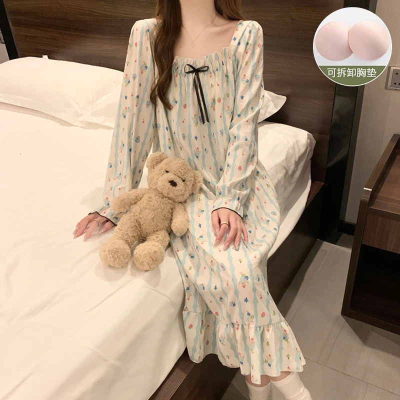 春季印花睡衣睡裙春秋季长袖甜美夏季秋季带胸垫卡通中长款家居服